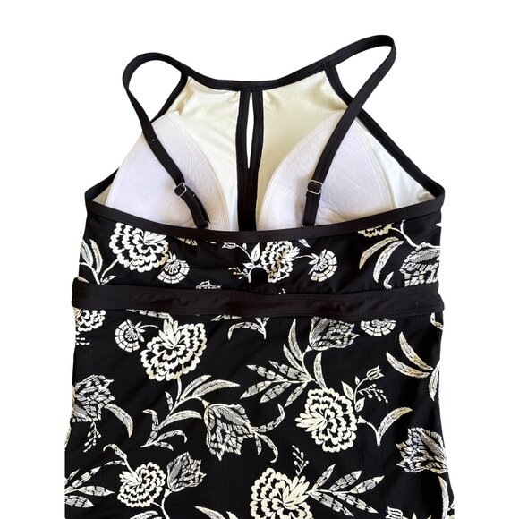Lands' End One Piece Maillot Black White Floral‎ Size 14 Shelf Bra Adj Straps - Picture 7 of 11